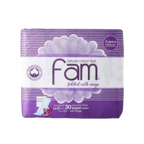 Fam – 30 Compressed Folded Sanitary Pads with Wings – Large, Purple